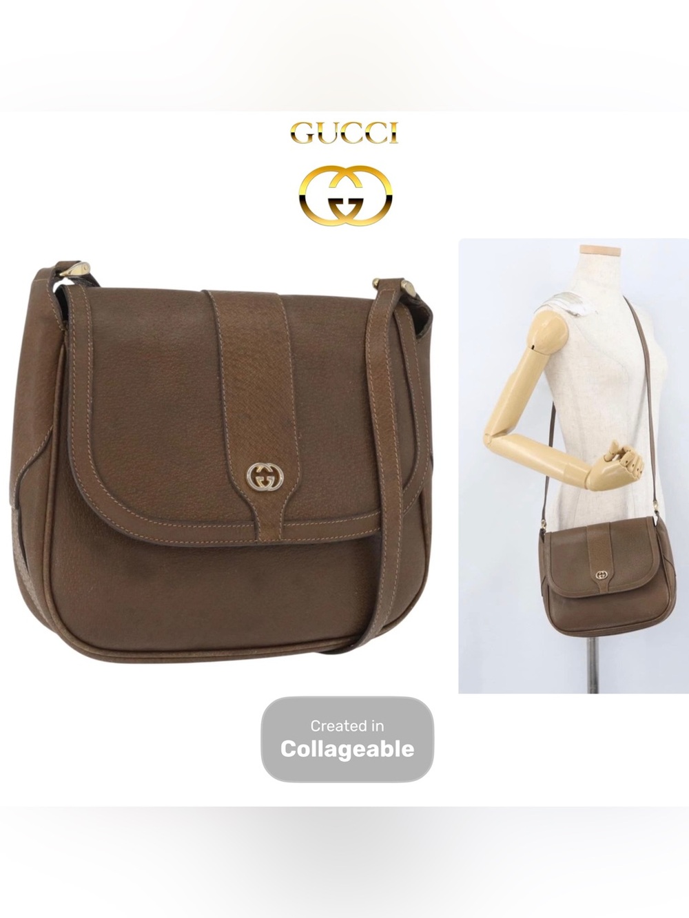 👜 GUCCI Brown Leather Crossbody Saddle Bag Gold GG Accent Authentic Handbag Fall